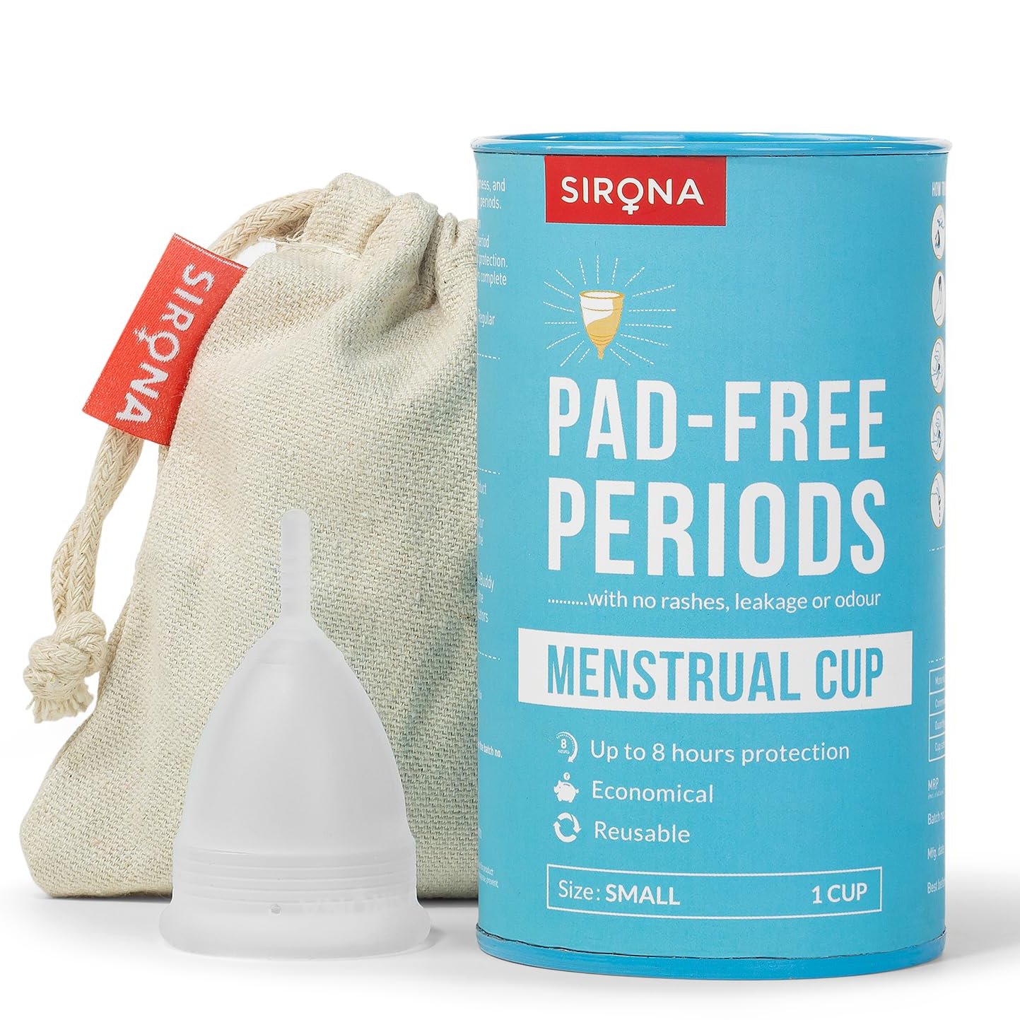 Sirona Reusable Menstrual Cup for Women - Small Size with Pouch|Ultra Soft, Odour and Rash Free|100% Medical Grade Silic