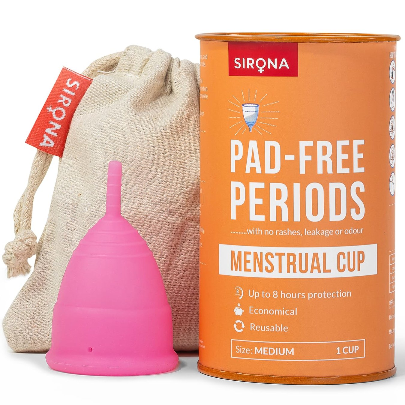 Sirona Reusable Menstrual Cup for Women | Medium Size with Pouch | Ultra Soft, Odour & Rash Free|100% Medical Grade Sili