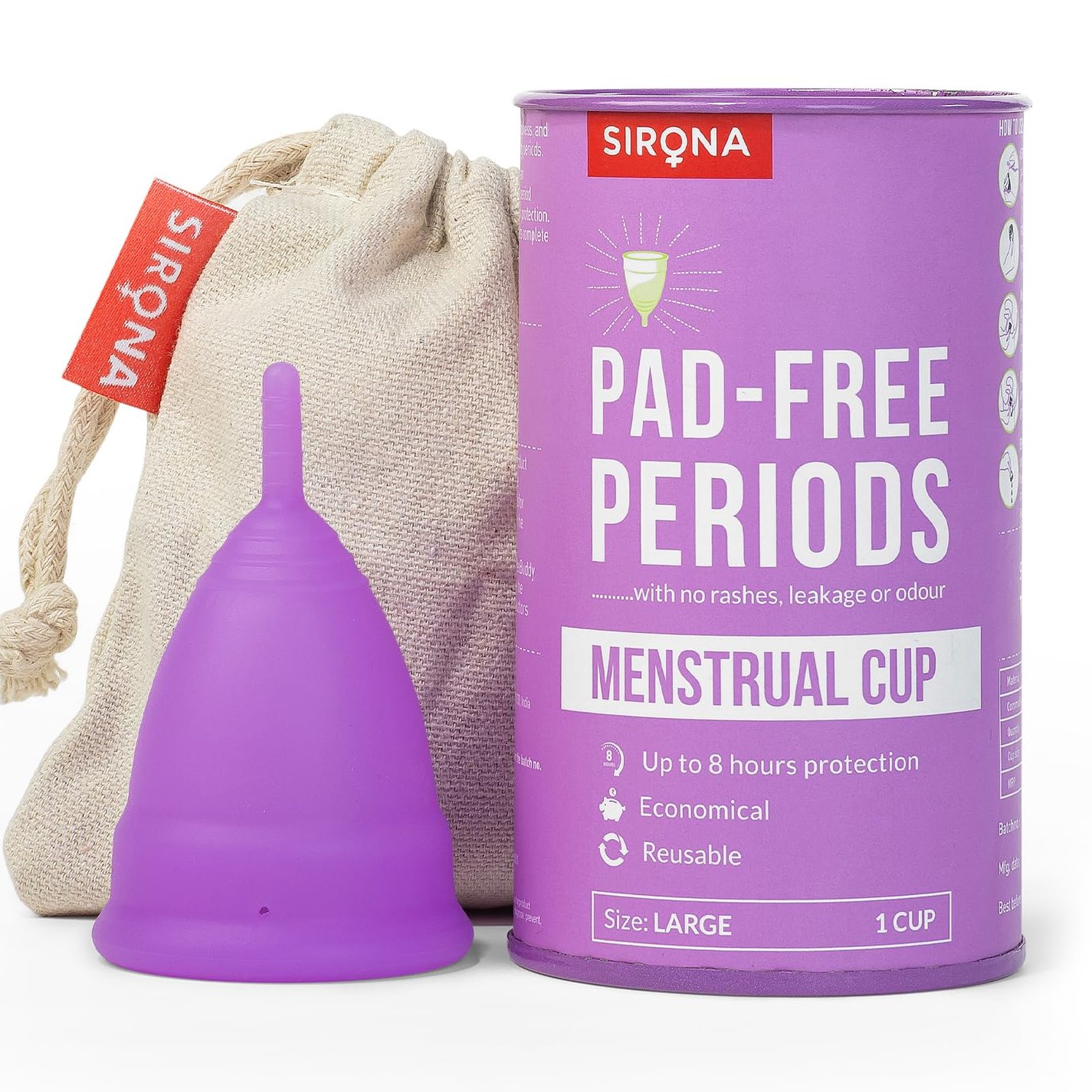 Sirona Reusable Menstrual Cup for Women | Large Size with Pouch|Ultra Soft, Odour and Rash Free|100% Medical Grade Silic