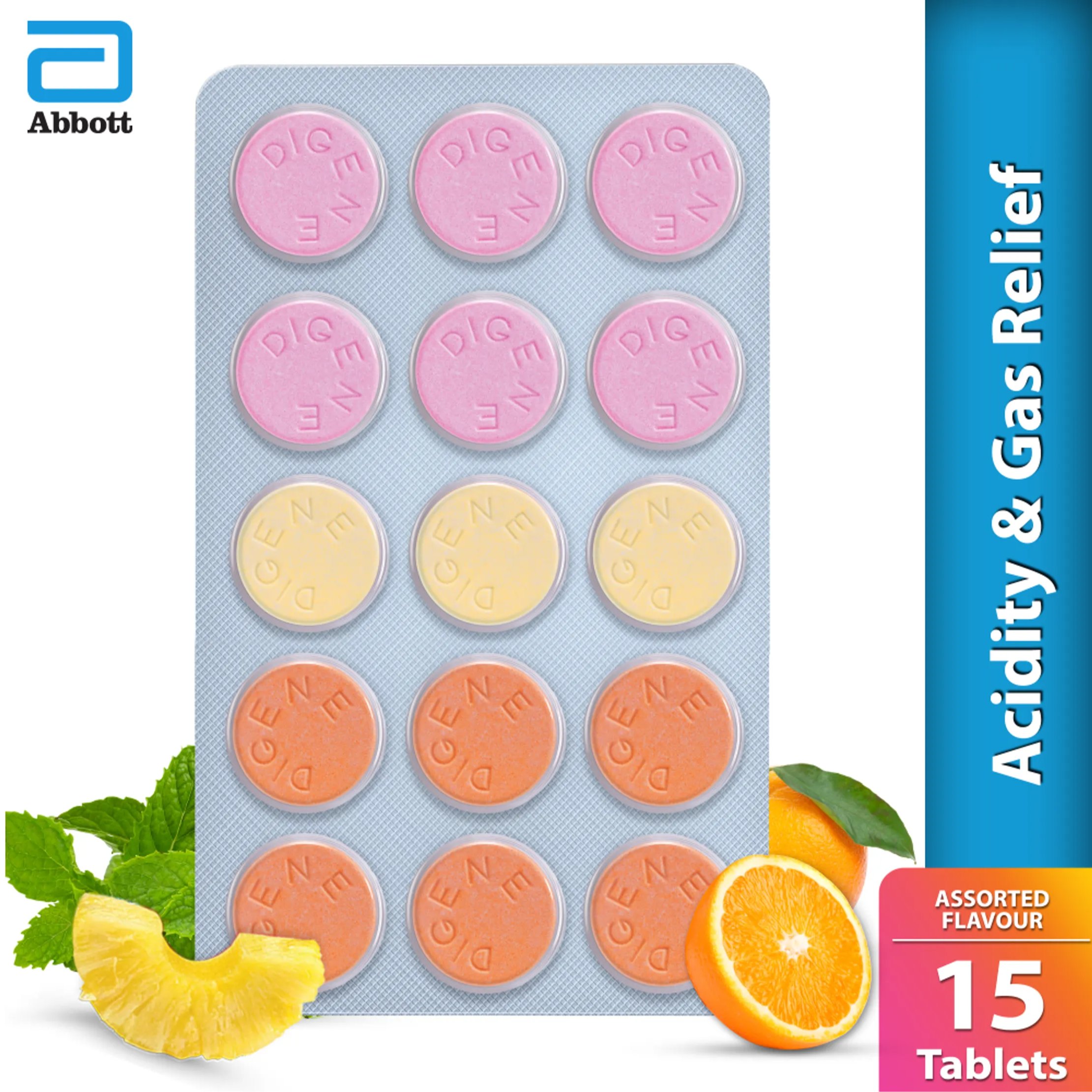 Digene Acidity & Gas Relief Tablets 15s- Mixed Fruit Flavour